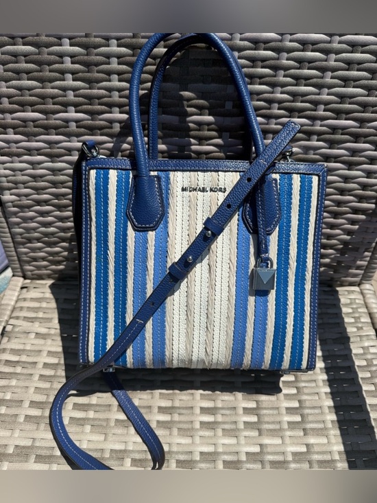 Michael Kors Handbags - Michael Kors Mercer Medium Accordion Tote blue white striped straw-like material